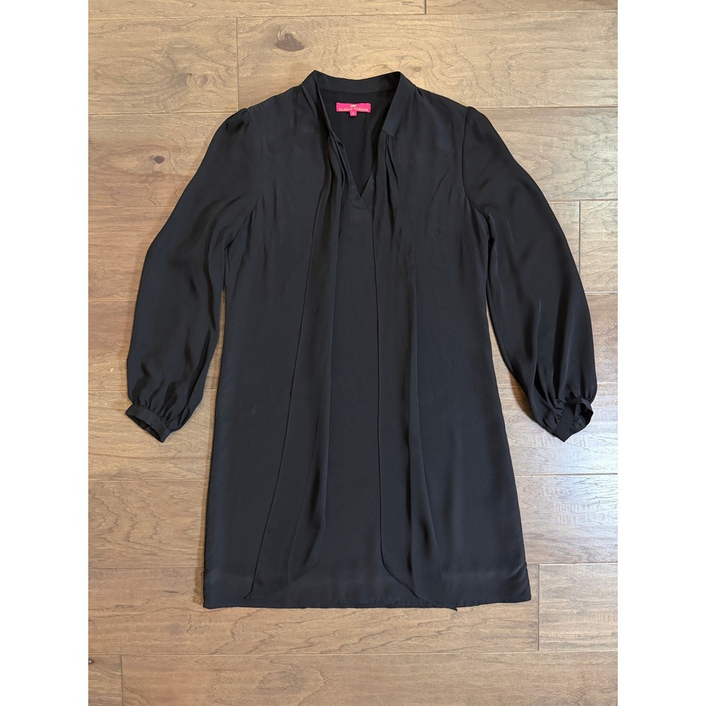 Elaine Turner Black 100% Silk V-Neck Drape Front Tunic Mini Dress Womens Medium